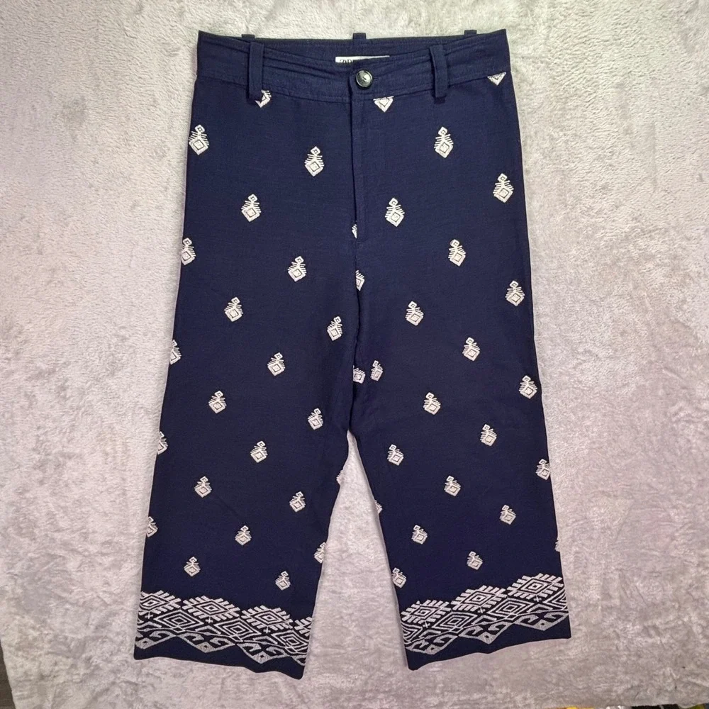 Zara Women Culottes‎ Small Navy Blue Embroidered Linen Blend High Rise Wide Leg